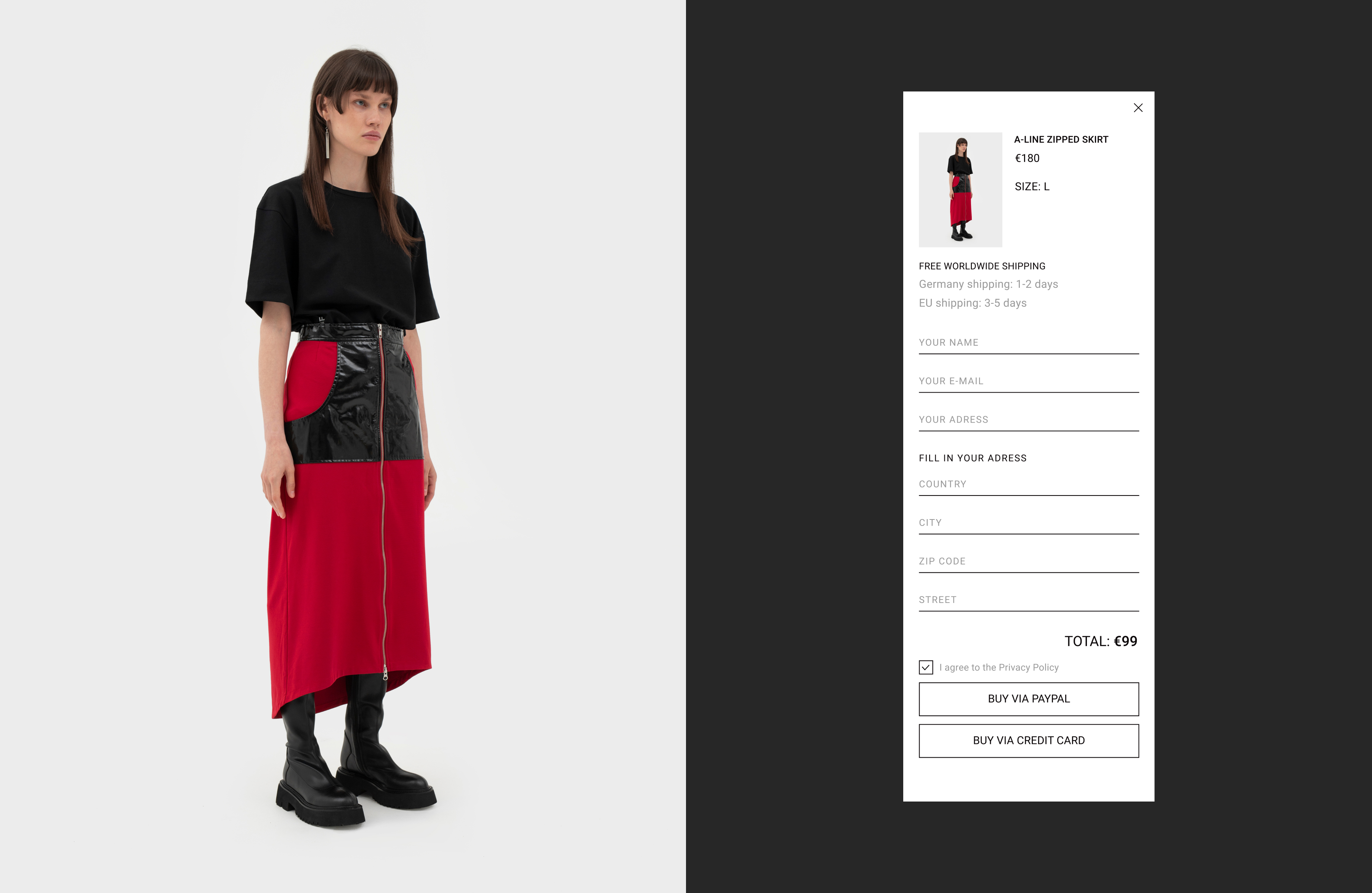 Girl in black t-short and red skirt on left side, on right side mobile order form preview